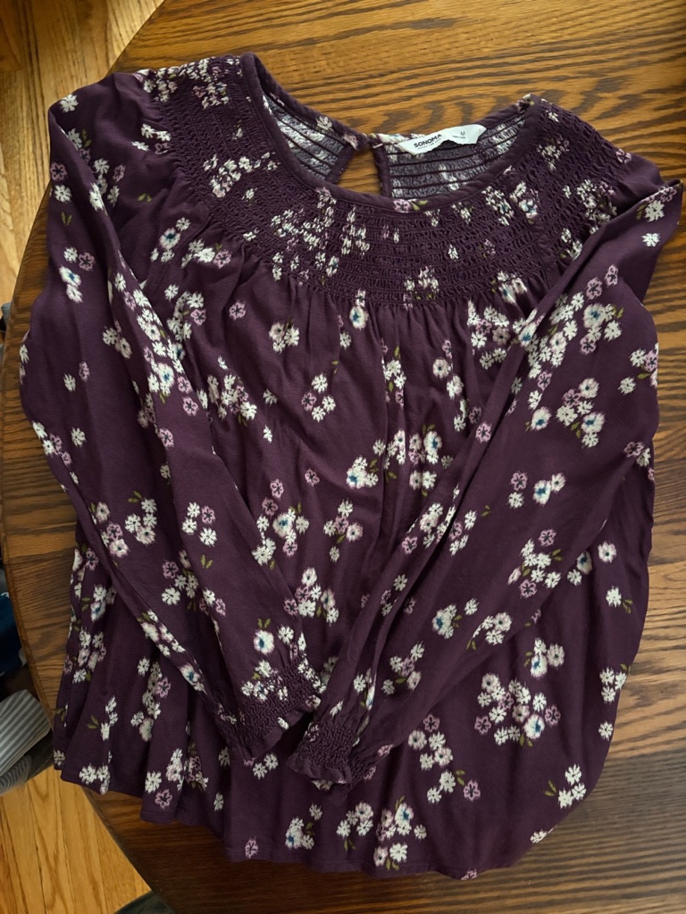 Sonoma Plum Floral Smocked Yoke Long-Sleeve Blouse